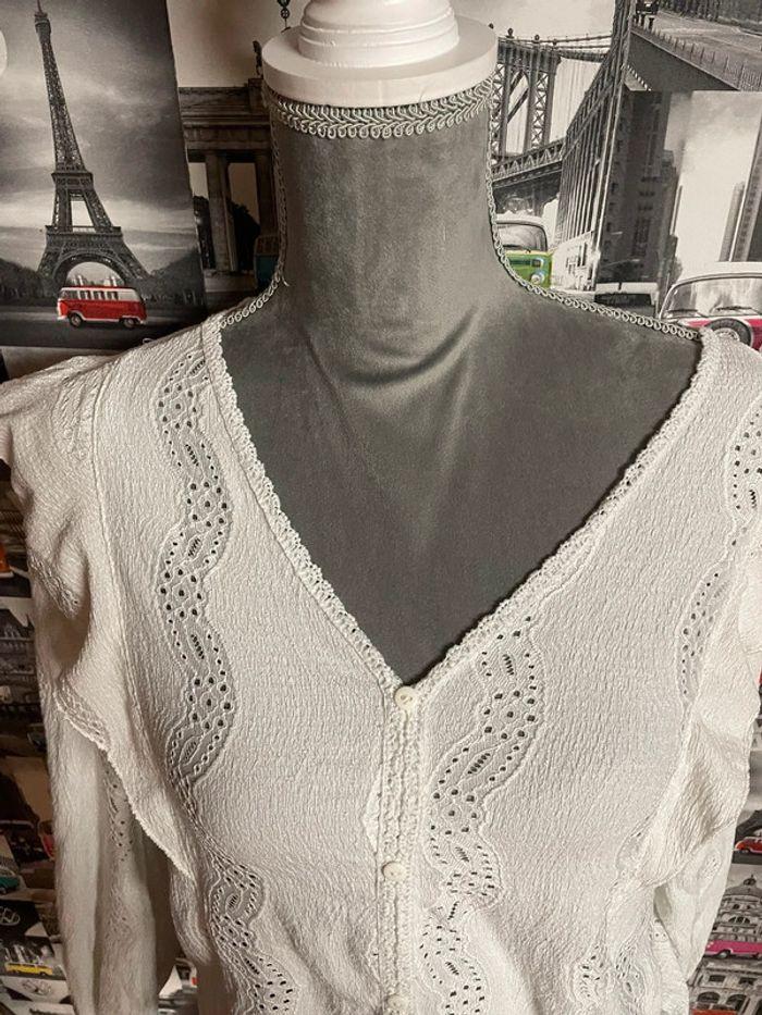 Tee-shirt femme à manches longues avec fronces et volants ecru - photo numéro 3