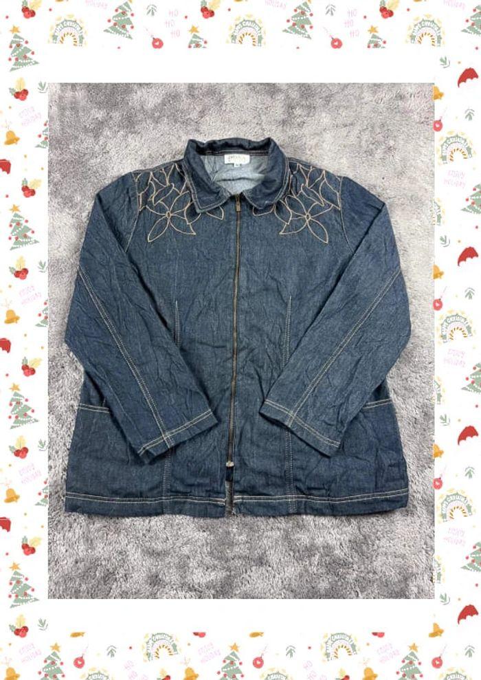 👕 Veste en Jeans fine avec broderie vintage y2k Bleu Marine Taille L 👕 - photo numéro 1