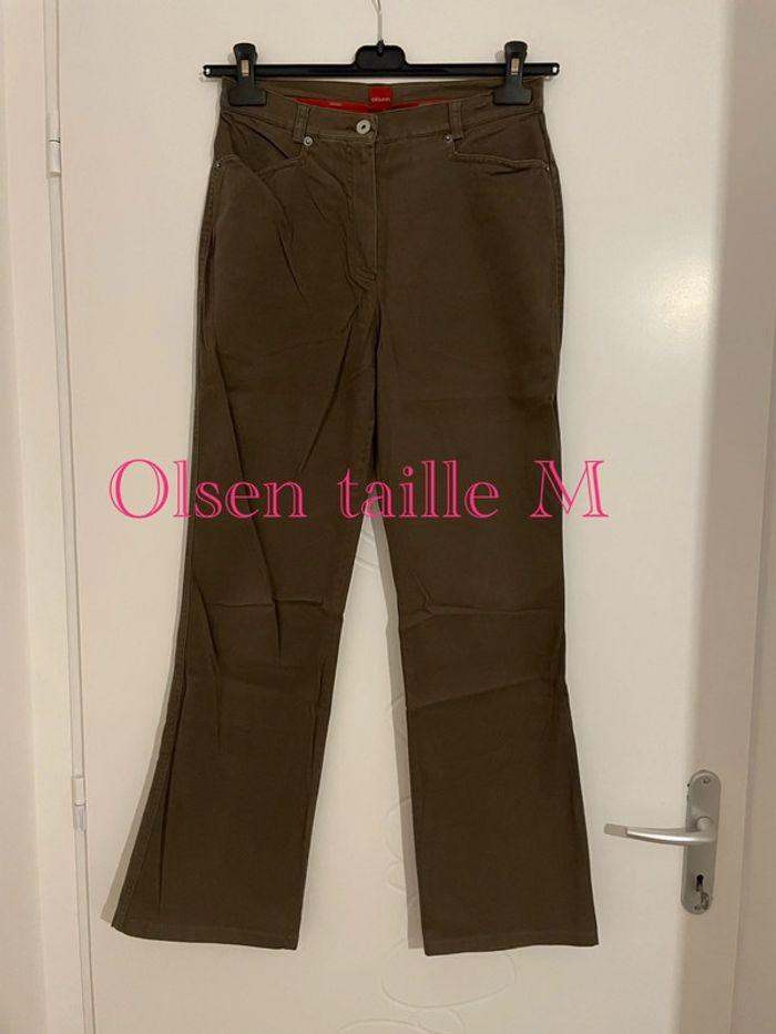 Pantalon extensible kaki taille haute coupe droite bas très légèrement évasé Olsen taille M - photo numéro 1