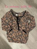 Blouse à manche 3/4 en voile gris fleur rose et noir col rond à bouton la redoute taille 34