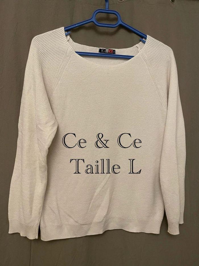 Pull homme de mi saison blanc col ras du cou nid d’abeille Ce & Ce taille L - photo numéro 1