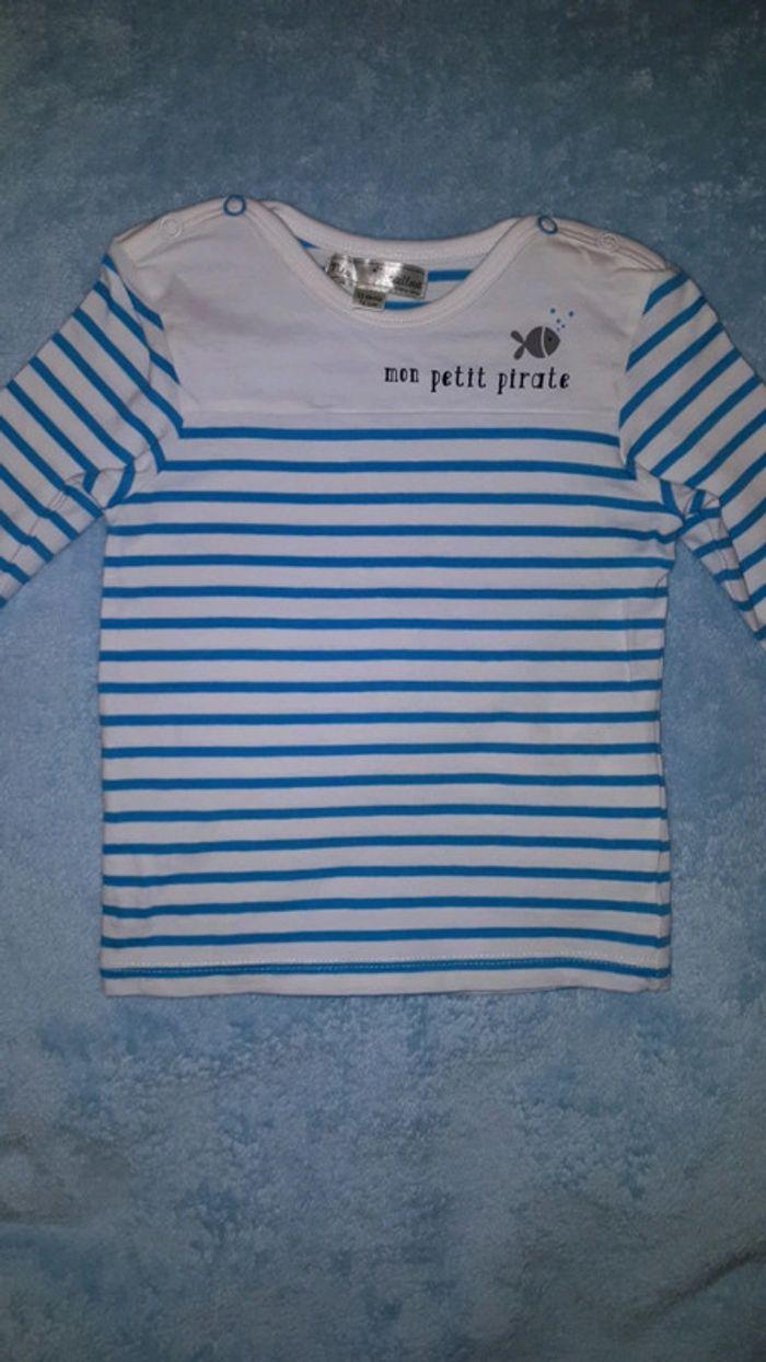 T-shirt manches longues rayures bleu blanc Mes Petits Cailloux 12 mois - photo numéro 2