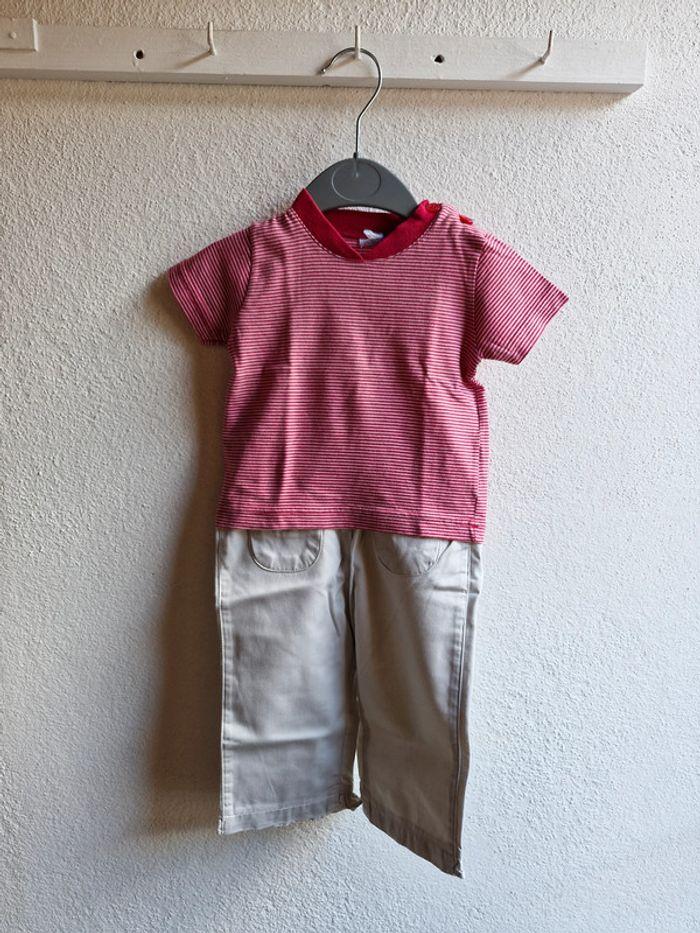 Ensemble 6 mois 67 cm Petit Bateau T-shirt rose à rayures, pantalon beige Très bon état - photo numéro 1