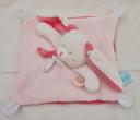 Doudou lapin carré plat  blanc ,rose 2 tons- Étiquettes feuilles- Baby Nat