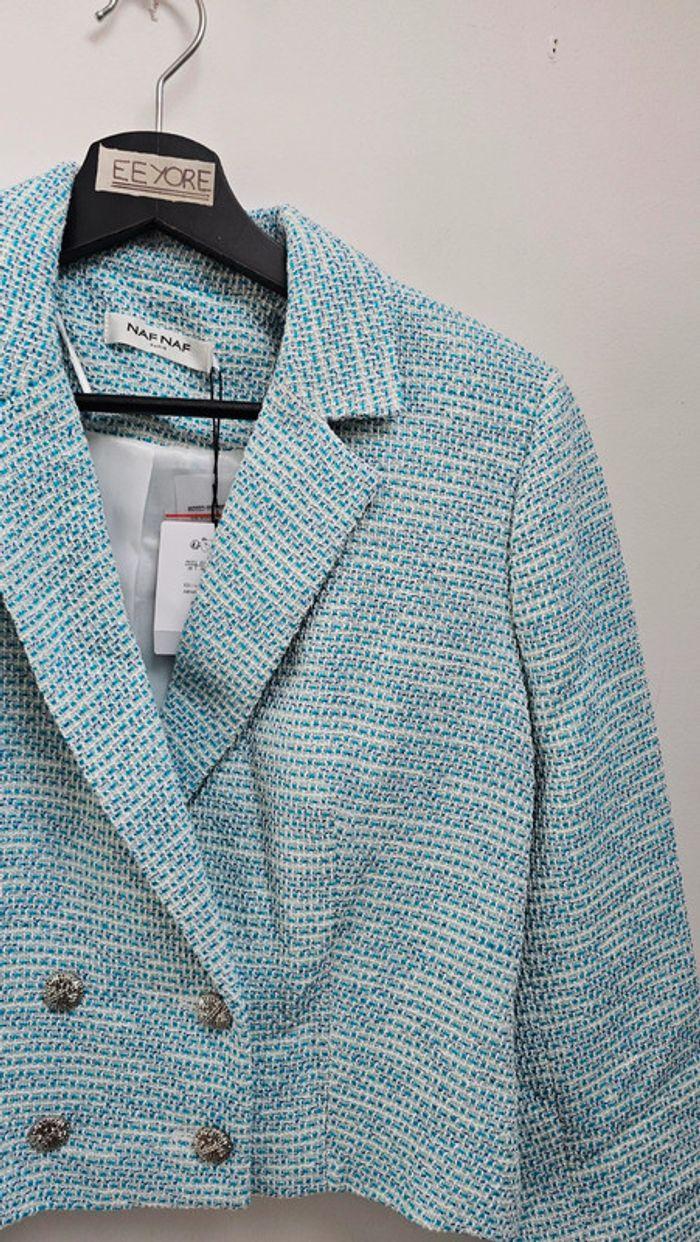 Veste tailleur blazer tweed bleue Naf Naf - photo numéro 3