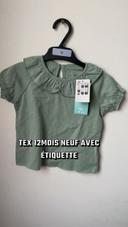 T-shirt manches courte  bébé fille 12mois vert tex col Claudine  neuf étiquette