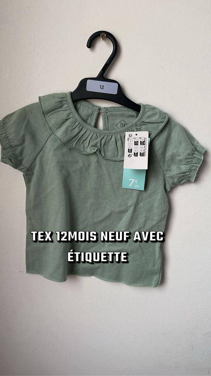 T-shirt manches courte  bébé fille 12mois vert tex col Claudine  neuf étiquette - photo numéro 1