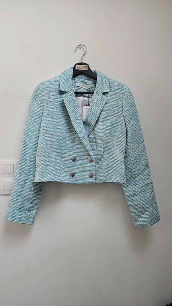 Veste tailleur blazer tweed bleue Naf Naf - photo numéro 1