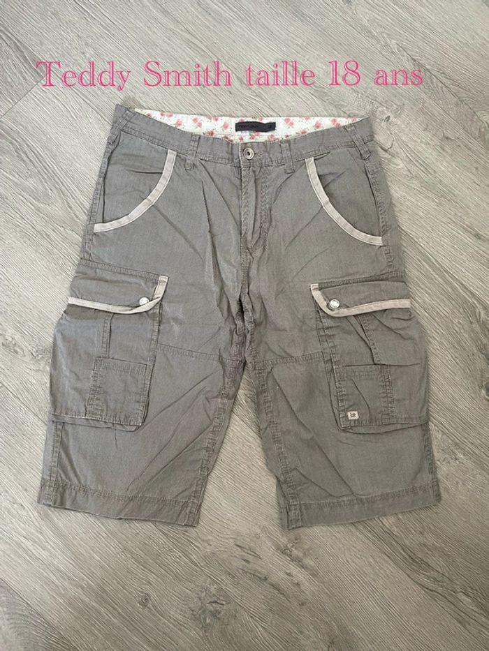 Short bermuda beige rayé kaki style cargo Teddy Smith taille 18 ans - photo numéro 1