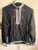 Antik Batik blouse en laine boutonnée bleu marine broderies bleues