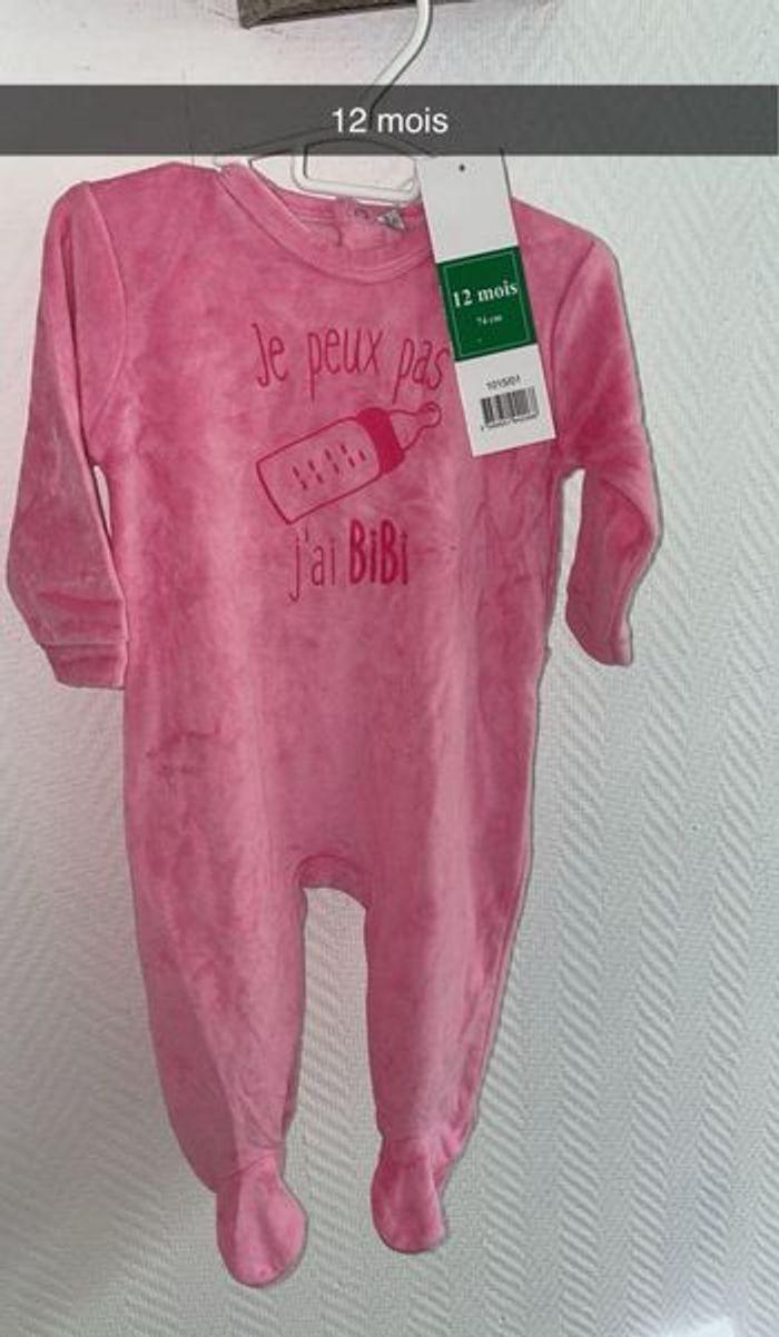 Pyjama bébé fille neuf étiquette rose  12mois je peux pas j’ai biberon rigolo