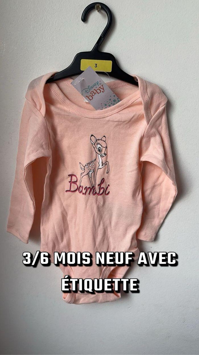 Body bodies manches longue  bébé fille 3/6 mois rose  bambi biche disney neuf étiquette - photo numéro 1