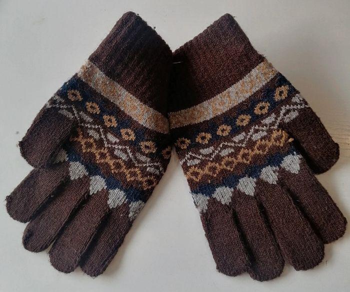 Paire de gants en laine marron bleu marine Taille unique - photo numéro 4