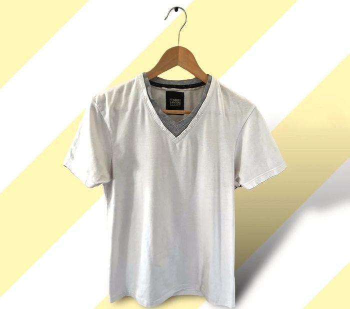 T-shirt coton blanc et gris double col V Harry Landers - photo numéro 1