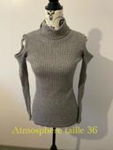 Pull col roulé a cote extensible gris épaule ouverte atmosphère taille 36