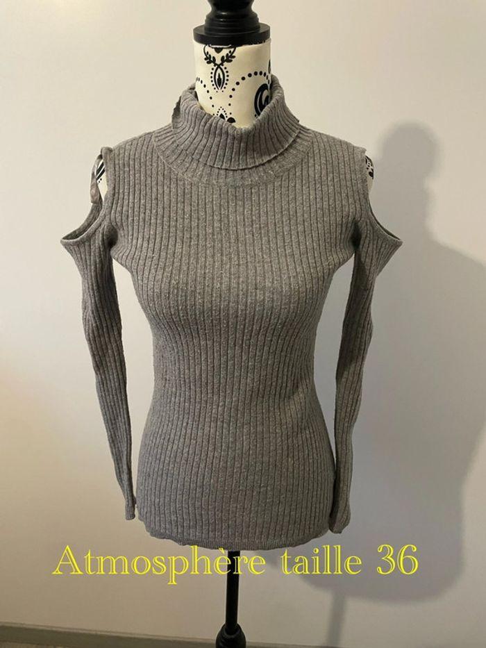 Pull col roulé a cote extensible gris épaule ouverte atmosphère taille 36 - photo numéro 1