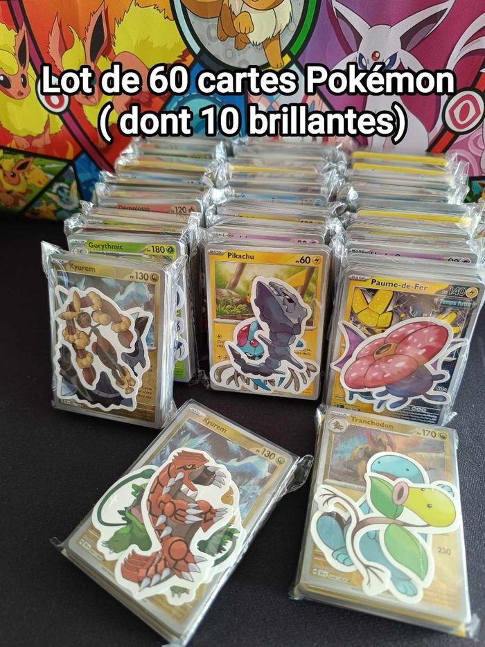 Lot de 60 Cartes Pokemon  aléatoire dont 10  Brillantes + Autocollants - photo numéro 1