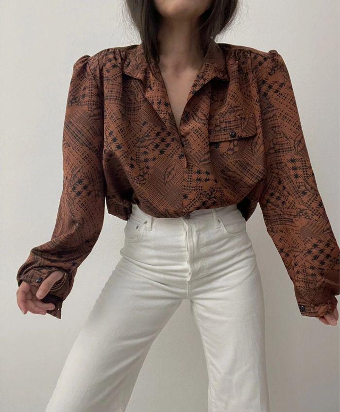 Blouse ample marron à fleur 45% soie - photo numéro 1