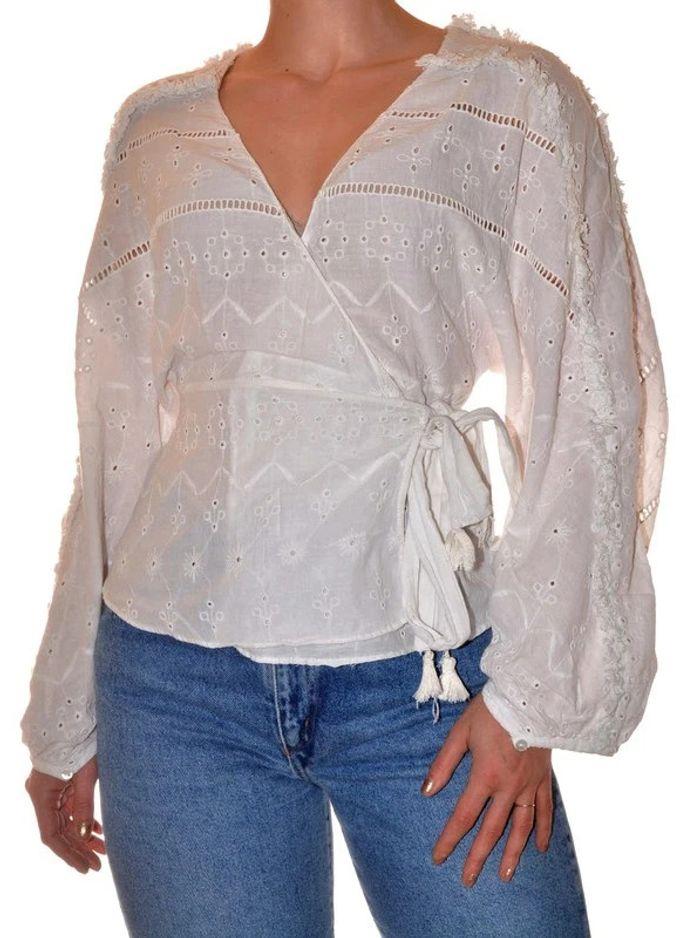 Blouse blanche à nouer taille 34/36 manches longues col V - photo numéro 1