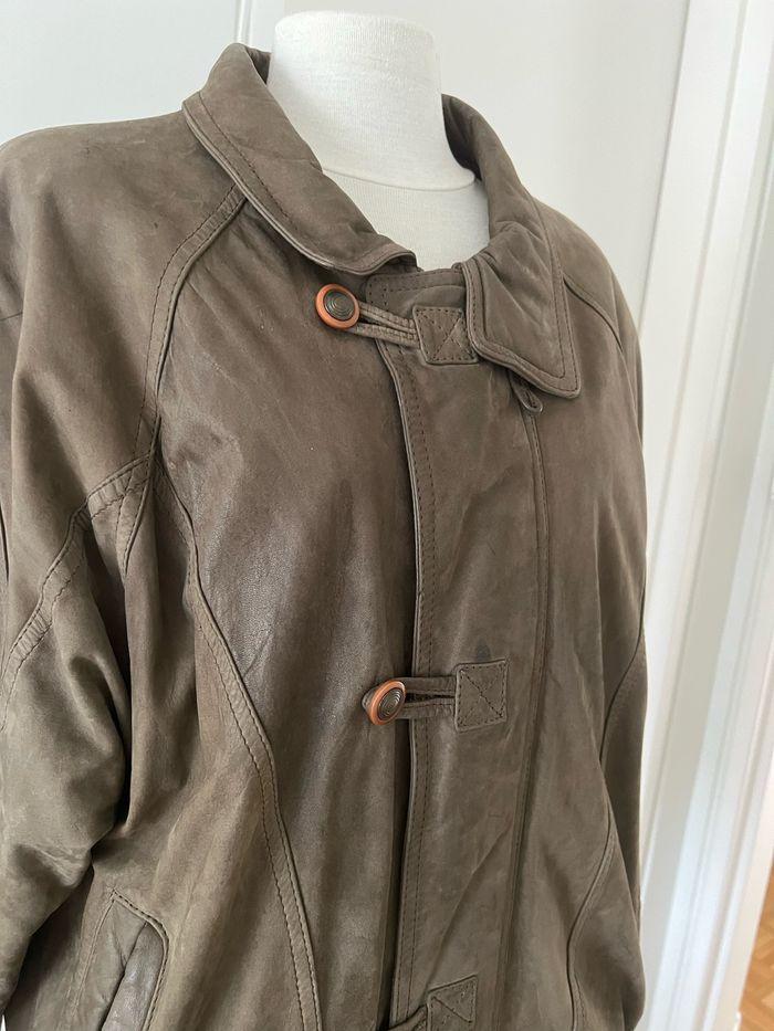 Veste col kaki cuir poche vintage chasseur casual / Jacket khaki leather collar zippers pocket - photo numéro 2