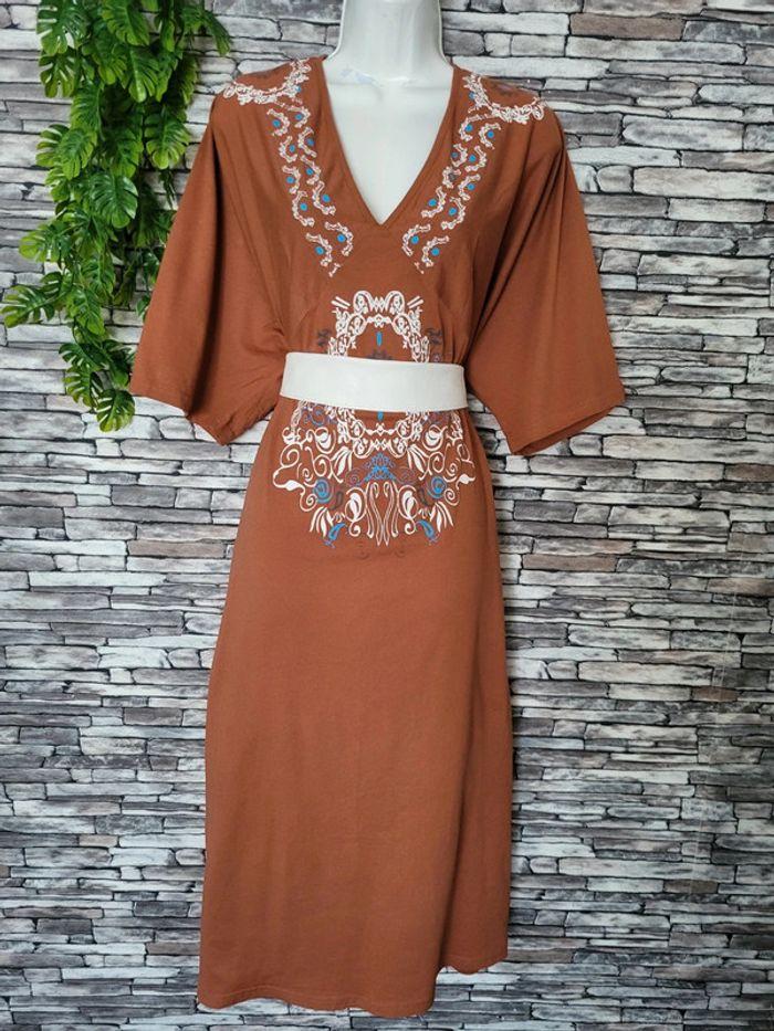 Robe longue coton ethnique marron bleu bonheur taille 54 - photo numéro 1