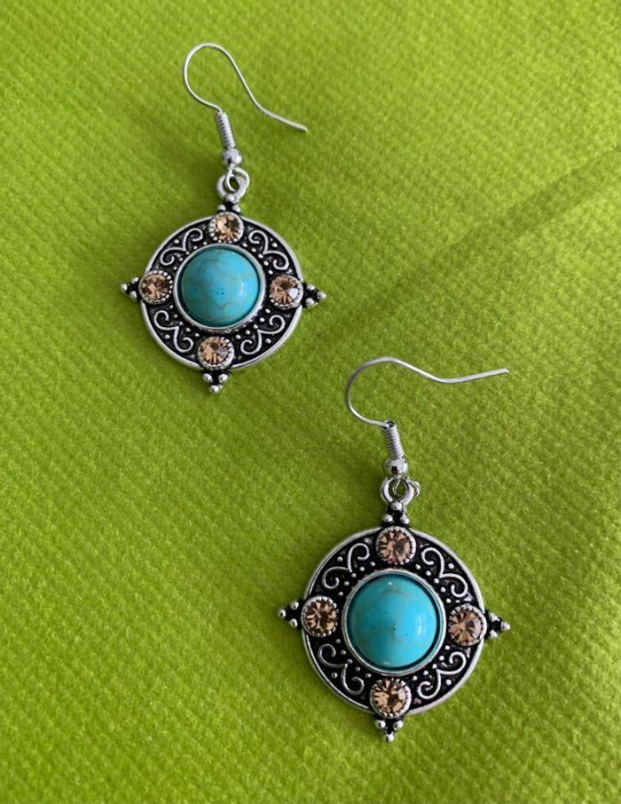 Jolies boucles d’oreilles rondes bleues turquoises en alliage argenté - photo numéro 3