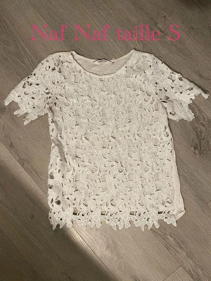 T-shirt blanc à manches courtes crochet dentelle devant transparent naf naf taille S - photo numéro 1