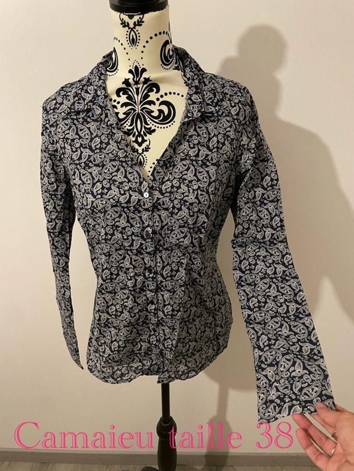 Chemise à manches longues bleu marine à motifs blanc camaïeu taille 38 - photo numéro 1