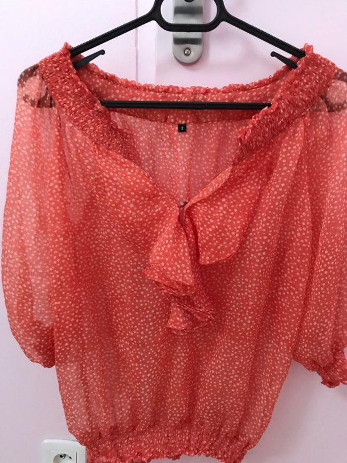 Blouse manche 3/4 fluide neuve corail pois blanc T2 - photo numéro 2