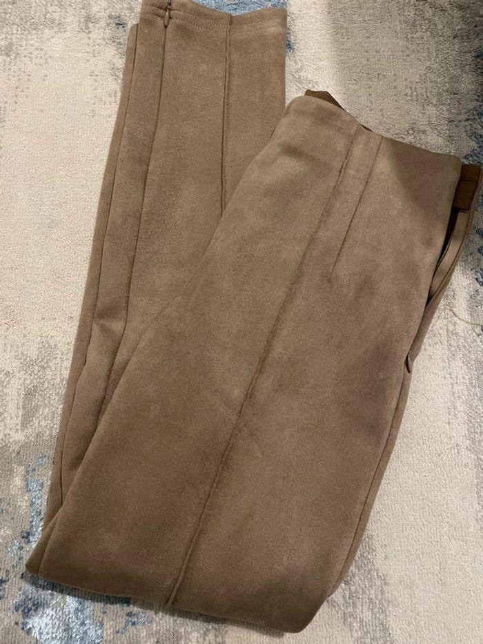 Pantalon droit effet velours marron/crème - photo numéro 5