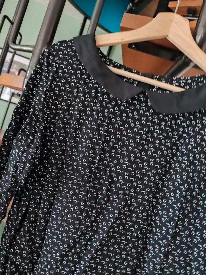 Blouse chemisier col claudine motif fleurie noir et blanc vintage - photo numéro 3