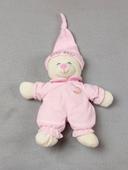 Doudou peluche ours rose blanc GIPSY Baby bear bonnet écru lune 28 cm TTBE