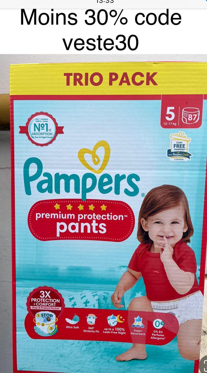 Un carton de couches culotte Pampers pants premium taille 5 à 40€ moins 30% supplémentaire avec le code veste30 donc ça revient 28€