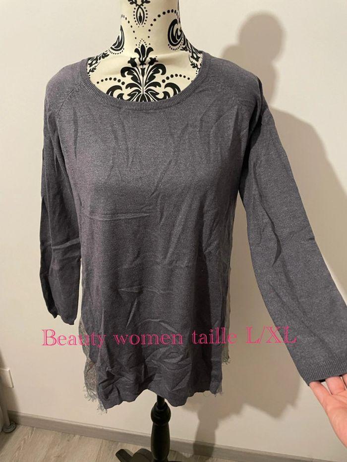 Pull gris dentelle dos rose manches 3/4 col rond beauty women taille L/XL - photo numéro 1