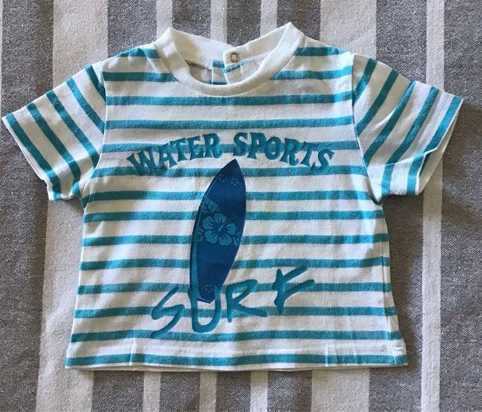 T-shirt blanc rayé turquoise « Water sports surf »