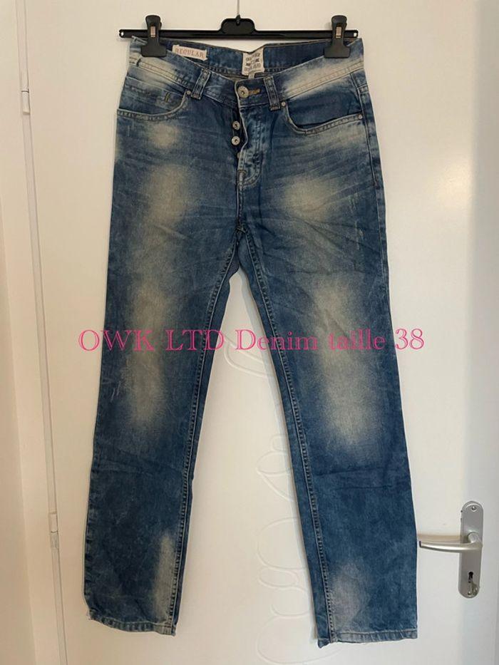 Jean bleu clair effet délavé taille haute coupe regular droit owk ltd denim taille 38 - photo numéro 1