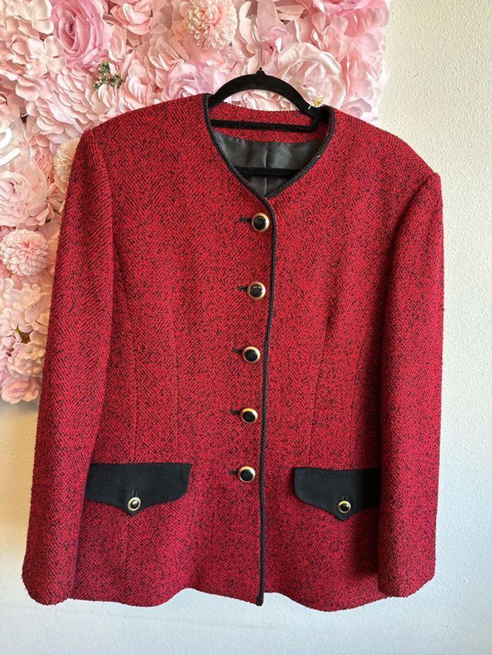 Veste vintage en laine à motif tweed rouge et noir, taille 40 - photo numéro 1