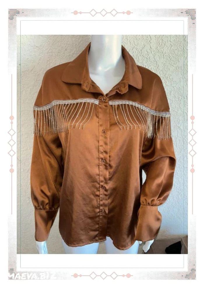 Blouse / chemisier marron satinée franges à strass argenté taille unique - photo numéro 1