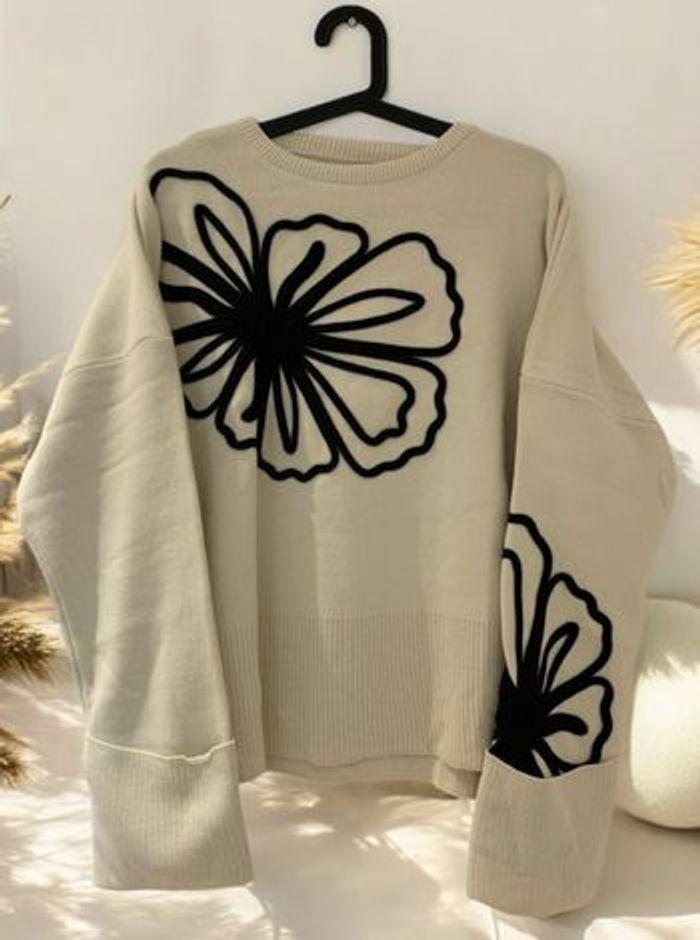 Pull beige motif fleur brodée femme taille L 40 - photo numéro 1