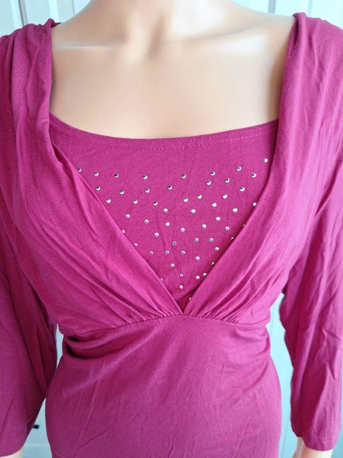 Tee-shirt top manches longues 3/4 strass Damart rose fushia taille 46 XXXL - photo numéro 2