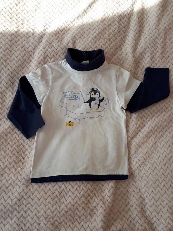 T-shirt manches longues col roulé blanc bleu marine pingouin Mes Petits Cailloux 2 ans - photo numéro 1