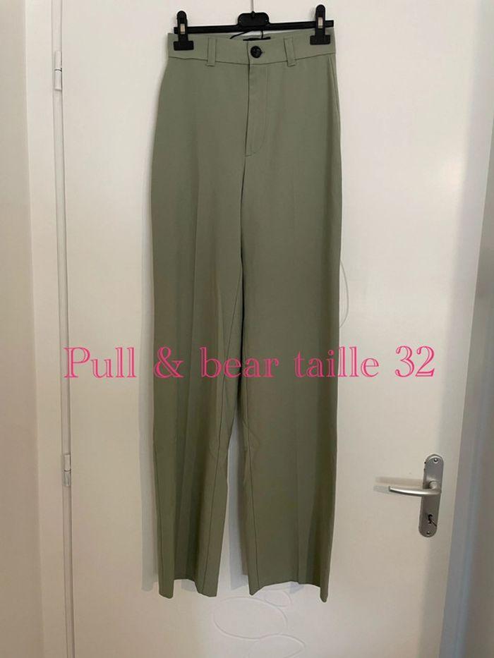 Pantalon habillé jambe large coupe flare taille haute kaki clair neuf pull & bear taille 32 - photo numéro 1