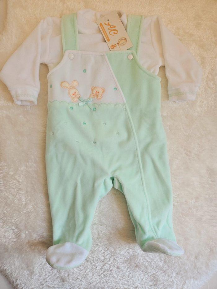 Pyjama en velours salopette vert et blanc avec nounours/AC Criaçoes-6mois - photo numéro 1