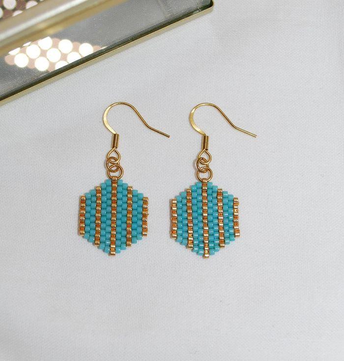 Boucles d oreille hexagones turquoises en perles tissées - photo numéro 2