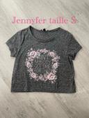 T-shirt à manche courte crop top court gris à fleur et écriture rose et blanc Jennyfer taille S