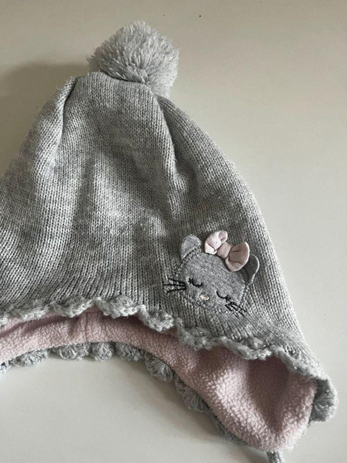 Bonnet fille chaud gris et doublé polaire rose 3/4 ans - photo numéro 2