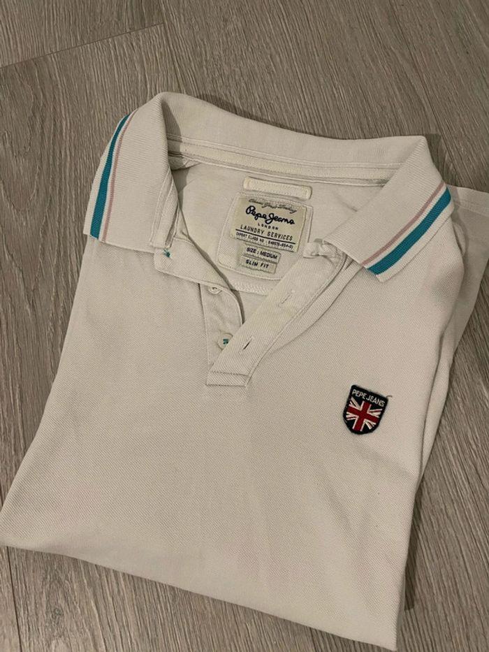 Polo à manches courtes blanc petite rayure turquoise coupe slim fit pepe jeans taille M - photo numéro 5