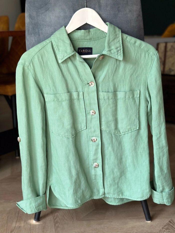 Chemise Caroll Paris en lin et coton vert clair, taille XS/S oversize - photo numéro 1