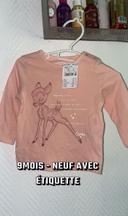 T-shirt manches longue bébé fille bambi biche 9 mois rose Disney neuf étiquette