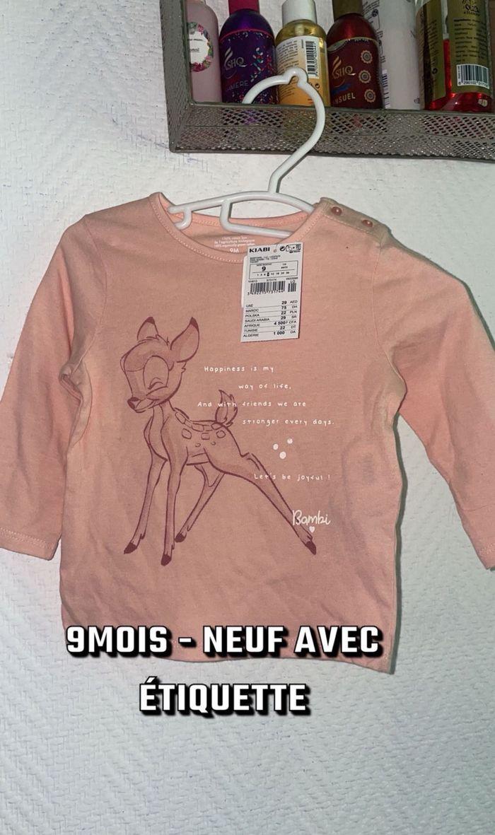 T-shirt manches longue bébé fille bambi biche 9 mois rose Disney neuf étiquette